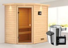 38mm Massivholzsauna JELLA (Eckeinstieg) / inkl. Dachkranz / Ofen 3,6 kW externe Strg.modern