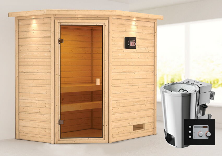 4010090067490 - 38mm Massivholzsauna JELLA (Eckeinstieg)   inkl Dachkranz   Ofen 36 kW Bio-Ofen externe Strg Modern