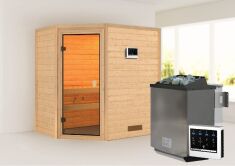 38mm Massivholzsauna JELLA (Eckeinstieg) / kein Dachkranz / Ofen 9 kW Bio externe Strg easy
