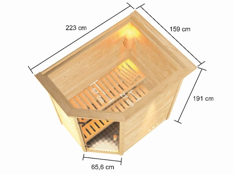 38mm Massivholzsauna JELLA (Eckeinstieg) / inkl. Dachkranz / Ofen 9 kW integr. Strg