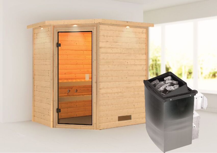 38mm Massivholzsauna JELLA (Eckeinstieg) / inkl. Dachkranz / Ofen 9 kW integr. Strg