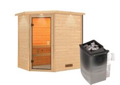 38mm Massivholzsauna JELLA (Eckeinstieg) / inkl. Dachkranz / Ofen 9 kW integr. Strg