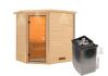 38mm Massivholzsauna JELLA (Eckeinstieg) / inkl. Dachkranz / Ofen 9 kW integr. Strg