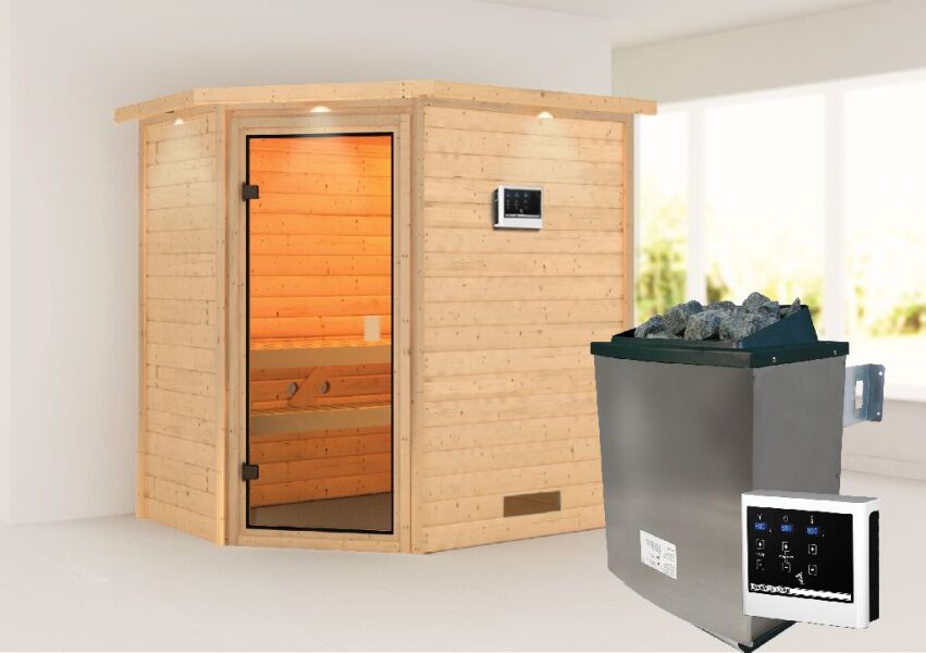 38mm Massivholzsauna JELLA (Eckeinstieg) / inkl. Dachkranz / Ofen 9 KW externe Strg easy