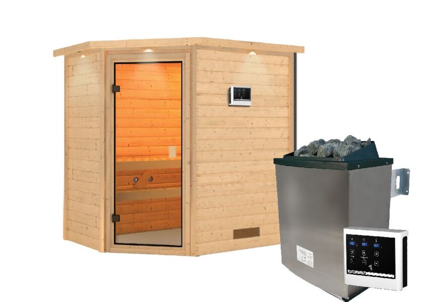 38mm Massivholzsauna JELLA (Eckeinstieg) / inkl. Dachkranz / Ofen 9 KW externe Strg easy