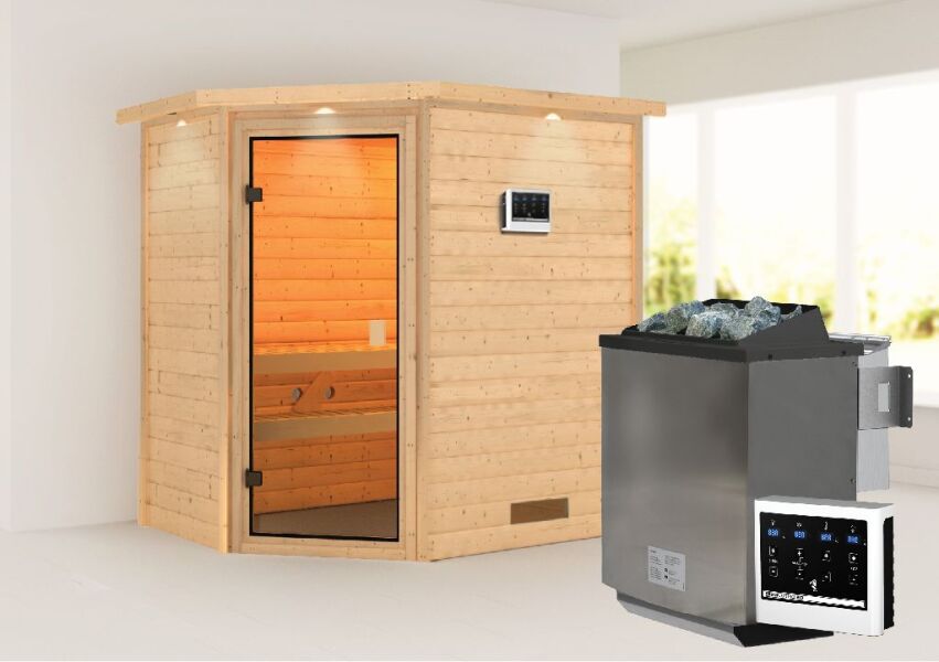 38mm Massivholzsauna JELLA (Eckeinstieg) / inkl. Dachkranz / Ofen 9 kW Bio externe Strg easy