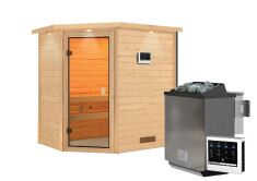 38mm Massivholzsauna JELLA (Eckeinstieg) / inkl. Dachkranz / Ofen 9 kW Bio externe Strg easy
