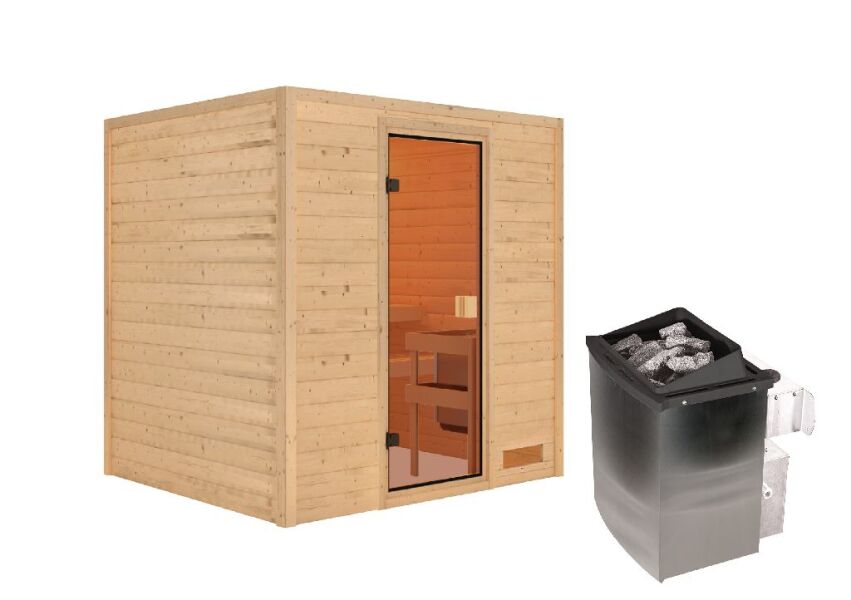 38mm Massivholzsauna ADELINA (Fronteinstieg) / kein Dachkranz / inkl. Ofen 9 kW integr. Strg