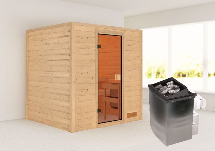 38mm Massivholzsauna ADELINA (Fronteinstieg) / kein Dachkranz / inkl. Ofen 9 kW integr. Strg