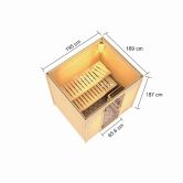 38mm Massivholzsauna ADELINA (Fronteinstieg) / kein Dachkranz / inkl. Ofen 9 kW integr. Strg