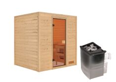 38mm Massivholzsauna ADELINA (Fronteinstieg) / kein Dachkranz / inkl. Ofen 9 kW integr. Strg