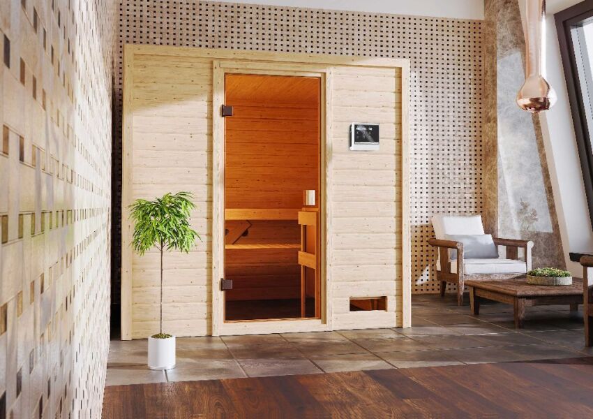38mm Massivholzsauna ADELINA (Fronteinstieg) / kein Dachkranz / Ofen 9 kW Bio externe Strg easy