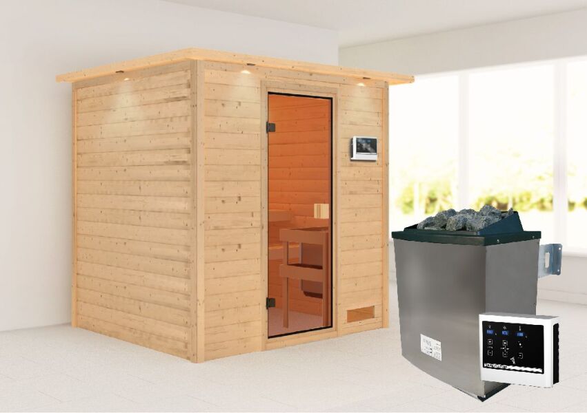 38mm Massivholzsauna ADELINA (Fronteinstieg) / inkl. Dachkranz / inkl. Ofen 9 kW integr. Strg