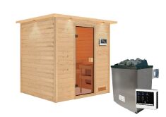 38mm Massivholzsauna ADELINA (Fronteinstieg) / inkl. Dachkranz / inkl. Ofen 9 kW integr. Strg