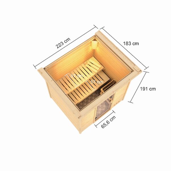 38mm Massivholzsauna ADELINA (Fronteinstieg) / inkl. Dachkranz / Ofen 9 KW externe Strg easy