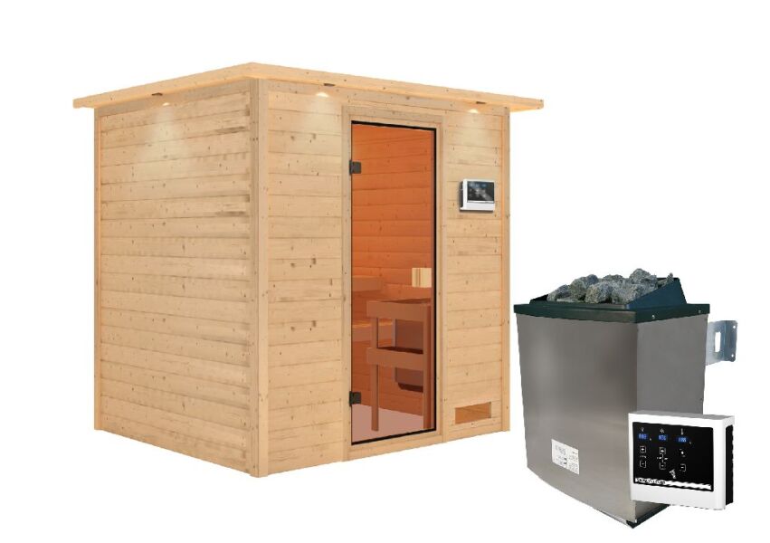 38mm Massivholzsauna ADELINA (Fronteinstieg) / inkl. Dachkranz / Ofen 9 KW externe Strg easy