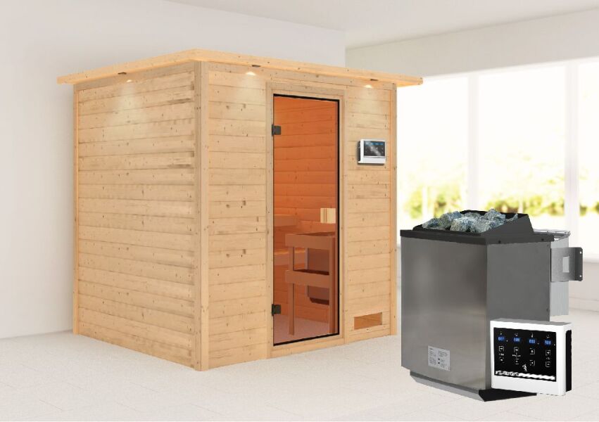 38mm Massivholzsauna ADELINA (Fronteinstieg) / inkl. Dachkranz / Ofen 9 kW Bio externe Strg easy