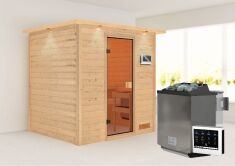 38mm Massivholzsauna ADELINA (Fronteinstieg) / inkl. Dachkranz / Ofen 9 kW Bio externe Strg easy