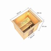 38mm Massivholzsauna ADELINA (Fronteinstieg) / inkl. Dachkranz / Ofen 9 kW Bio externe Strg easy