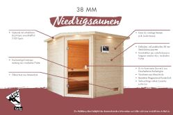 38mm Massivholzsauna ADELINA (Fronteinstieg) / inkl. Dachkranz / Ofen 9 kW Bio externe Strg easy