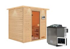 38mm Massivholzsauna ADELINA (Fronteinstieg) / inkl. Dachkranz / Ofen 9 kW Bio externe Strg easy