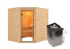 38mm Massivholzsauna ELEA (Eckeinstieg)  / kein Dachkranz / inkl. Ofen 9 kW integr. Strg
