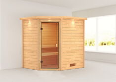 38mm Massivholzsauna ELEA (Eckeinstieg)  / inkl. Dachkranz / ohne Ofen