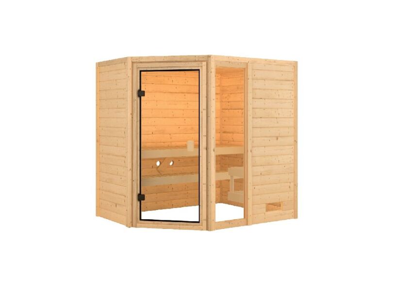38mm Massivholzsauna JADA (Eckeinstieg) / kein Dachkranz / ohne Ofen