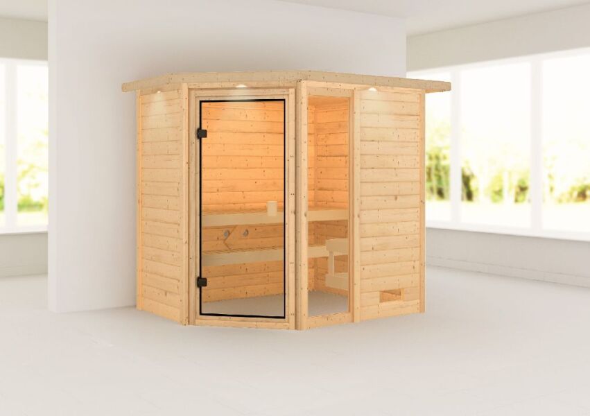 4010090061818 - 38mm Massivholzsauna JADA (Eckeinstieg)   inkl Dachkranz   ohne Ofen