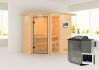 38mm Massivholzsauna JADA (Eckeinstieg) / inkl. Dachkranz / Ofen 9 kW Bio externe Strg easy
