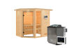 38mm Massivholzsauna JADA (Eckeinstieg) / inkl. Dachkranz / Ofen 9 kW Bio externe Strg easy