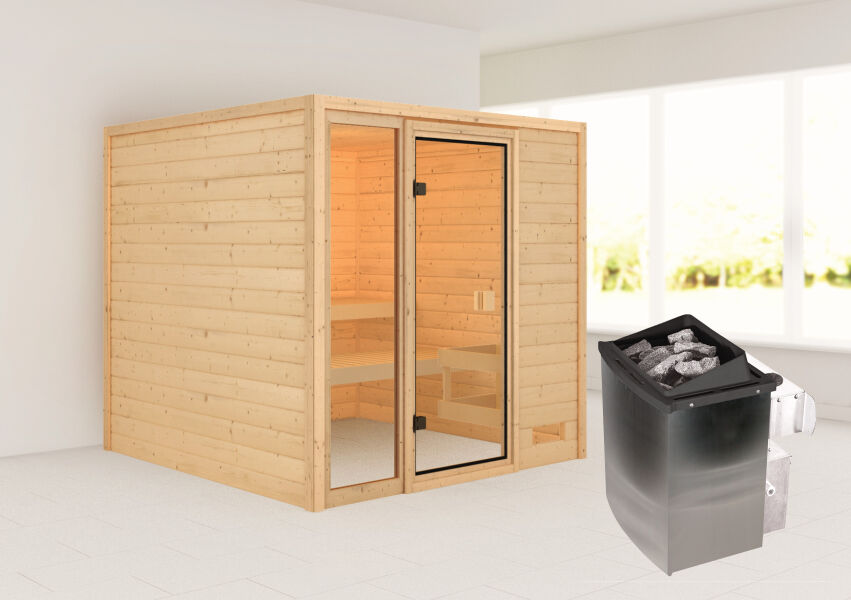 38mm Massivholzsauna JUTTA (Fronteinstieg) / kein Dachkranz / inkl. Ofen 9 kW integr. Strg