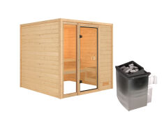 38mm Massivholzsauna JUTTA (Fronteinstieg) / kein Dachkranz / inkl. Ofen 9 kW integr. Strg