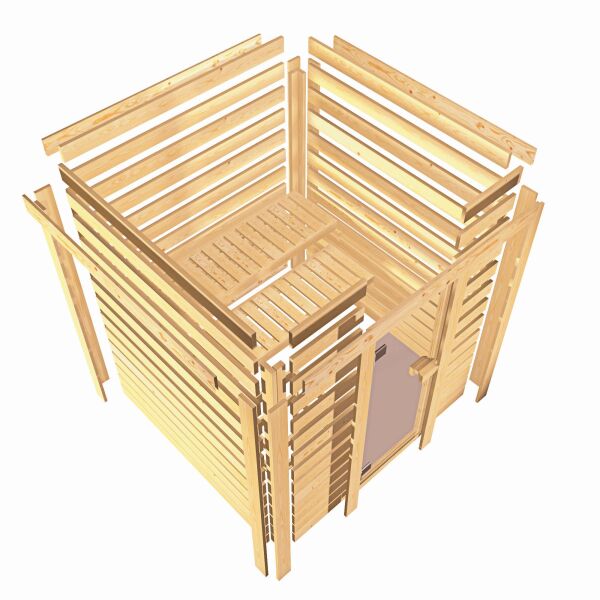 38mm Massivholzsauna JUTTA (Fronteinstieg) / kein Dachkranz / Ofen 9 KW externe Strg easy