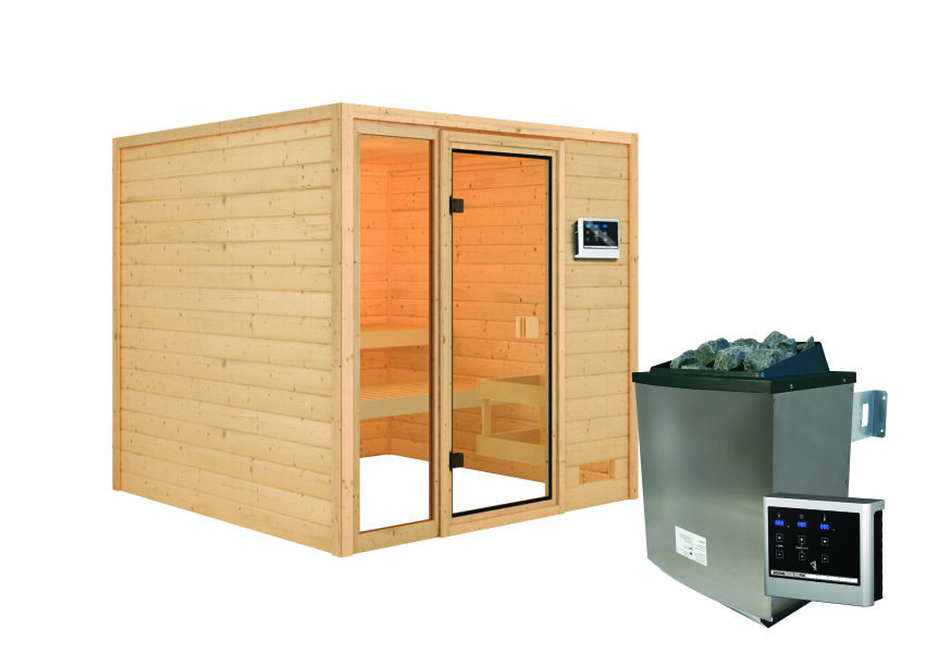38mm Massivholzsauna JUTTA (Fronteinstieg) / kein Dachkranz / Ofen 9 KW externe Strg easy