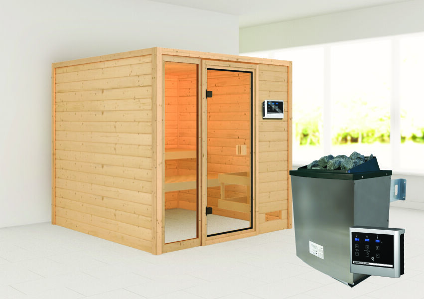 38mm Massivholzsauna JUTTA (Fronteinstieg) / kein Dachkranz / Ofen 9 KW externe Strg easy