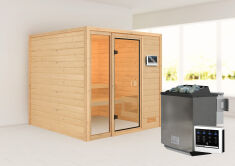 38mm Massivholzsauna JUTTA (Fronteinstieg) / kein Dachkranz / Ofen 9 kW Bio externe Strg easy