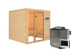 38mm Massivholzsauna JUTTA (Fronteinstieg) / kein Dachkranz / Ofen 9 kW Bio externe Strg easy