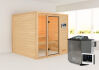 38mm Massivholzsauna JUTTA (Fronteinstieg) / kein Dachkranz / Ofen 9 kW Bio externe Strg easy