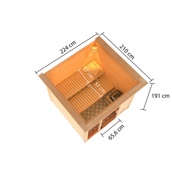 38mm Massivholzsauna JUTTA (Fronteinstieg) / inkl. Dachkranz / inkl. Ofen 9 kW integr. Strg