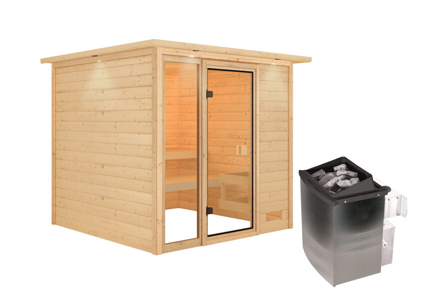 38mm Massivholzsauna JUTTA (Fronteinstieg) / inkl. Dachkranz / inkl. Ofen 9 kW integr. Strg