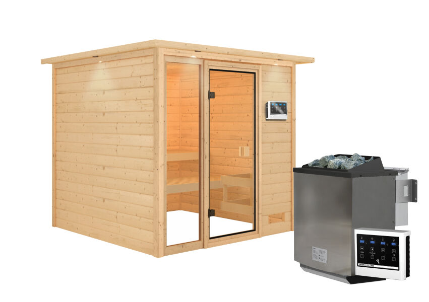 38mm Massivholzsauna JUTTA (Fronteinstieg) / inkl. Dachkranz / Ofen 9 kW Bio externe Strg easy