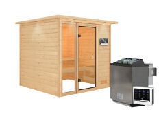 38mm Massivholzsauna JUTTA (Fronteinstieg) / inkl. Dachkranz / Ofen 9 kW Bio externe Strg easy