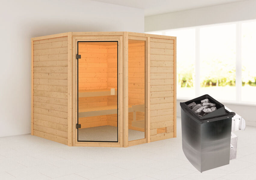 38mm Massivholzsauna TABEA (Eckeinstieg) / kein Dachkranz / inkl. Ofen 9 kW integr. Strg