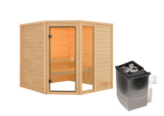 38mm Massivholzsauna TABEA (Eckeinstieg) / kein Dachkranz / inkl. Ofen 9 kW integr. Strg