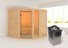 38mm Massivholzsauna TABEA (Eckeinstieg) / kein Dachkranz / inkl. Ofen 9 kW integr. Strg