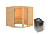 38mm Massivholzsauna TABEA (Eckeinstieg) / kein Dachkranz / inkl. Ofen 9 kW integr. Strg