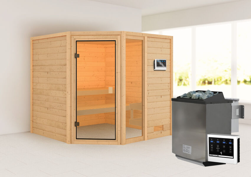 4010090068169 - 38mm Massivholzsauna TABEA (Eckeinstieg)   kein Dachkranz   Ofen 9 kW Bio externe Strg easy