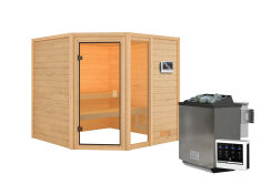 38mm Massivholzsauna TABEA (Eckeinstieg) / kein Dachkranz / Ofen 9 kW Bio externe Strg easy