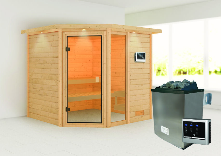 38mm Massivholzsauna TABEA (Eckeinstieg) / inkl. Dachkranz / Ofen 9 KW externe Strg easy